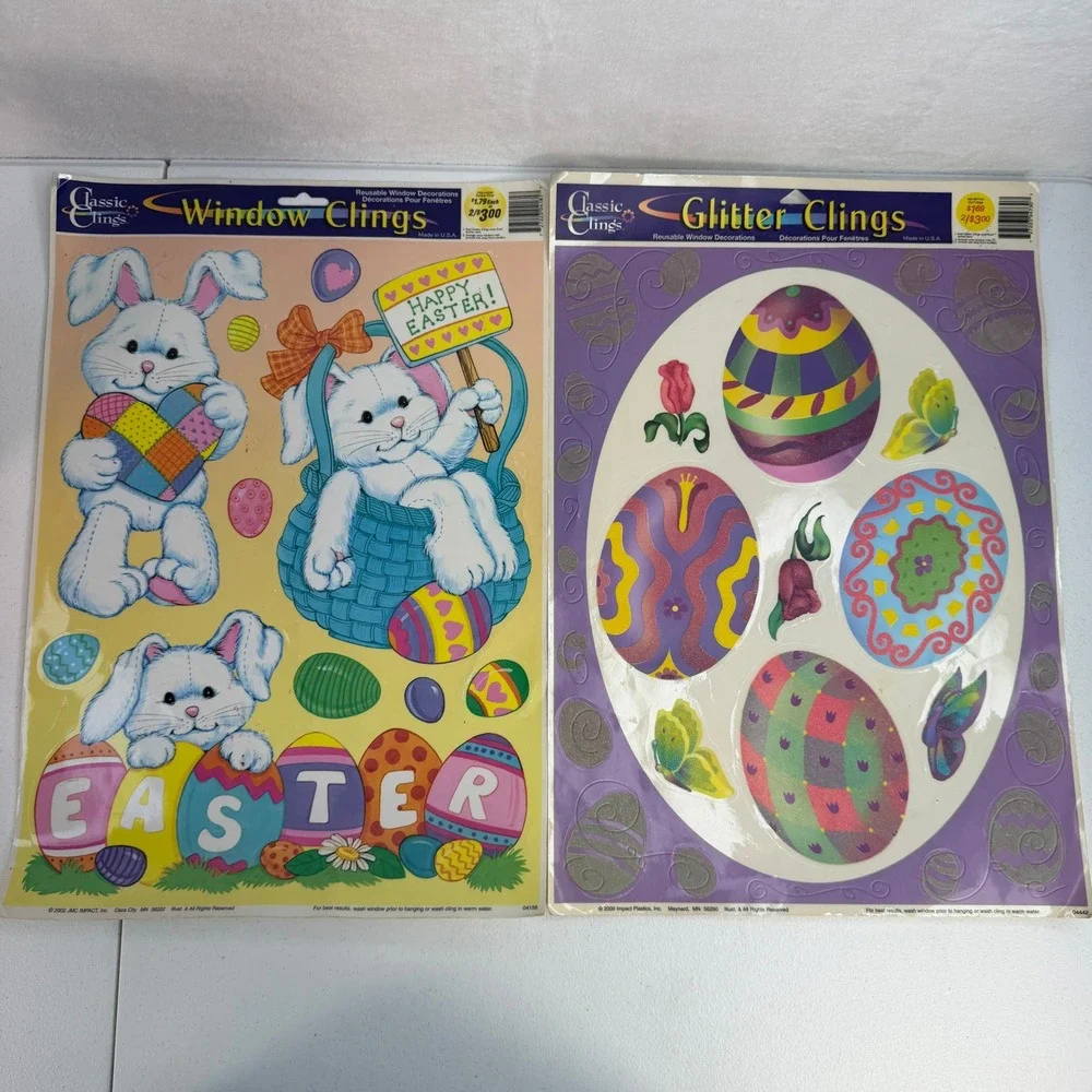 Vintage 2000 2002 Classic Window‎ Glitter Clings 2pc Easter Eggs Bunny Reusable